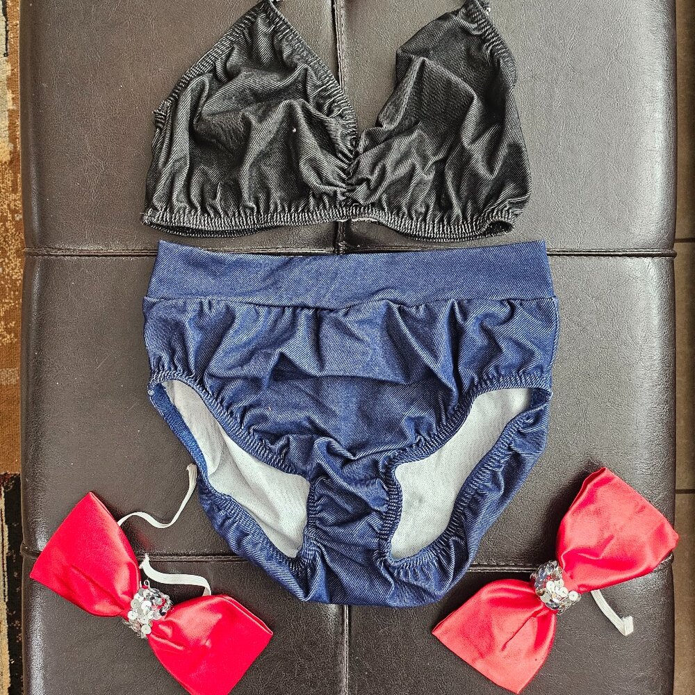 Kelle Girl/Teen Jean Halter-top & Bloomer Dance Costume w/ Red Bows